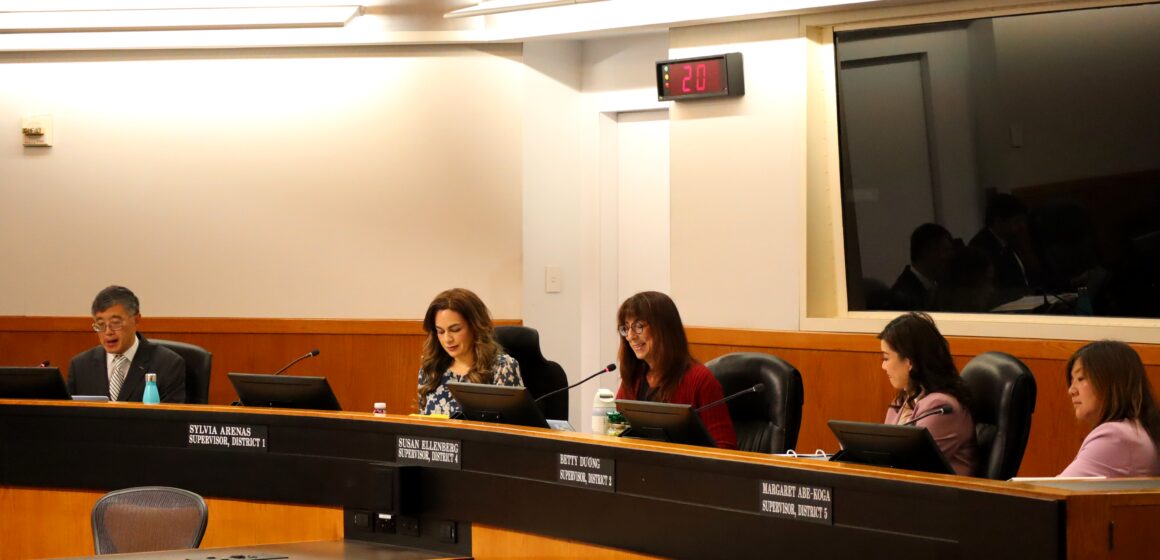 Santa Clara County Board Chambers with five supervisors seated, in order from left to right: Otto Lee, Sylvia Arenas, Susan Ellenberg, Betty Duong, Margaret Abe-Koga
