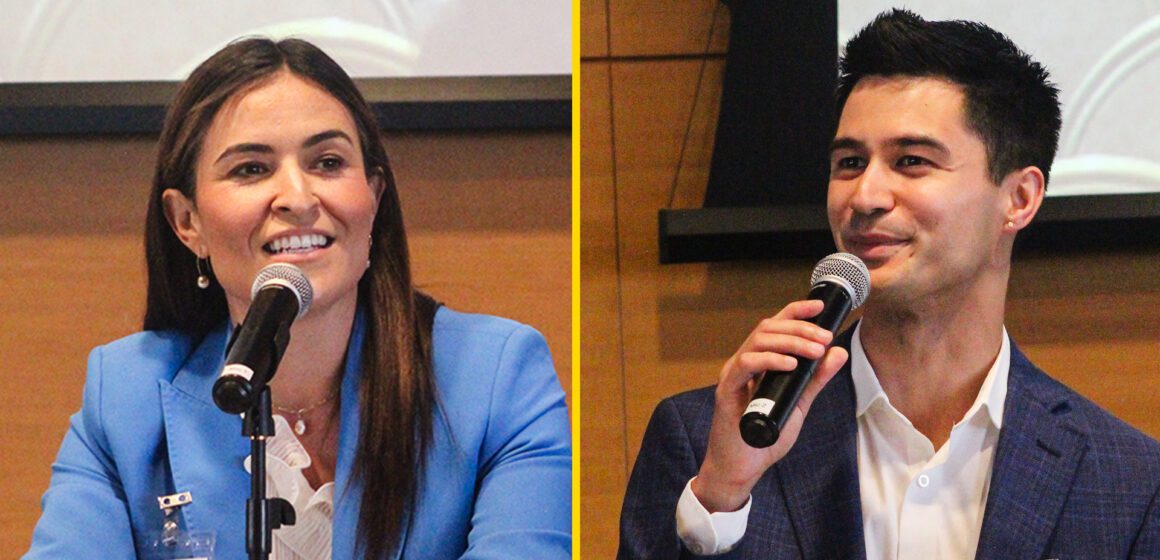Two City Council candidates in a side-by-side photo sitting in front of microphones at a crowded forum.
