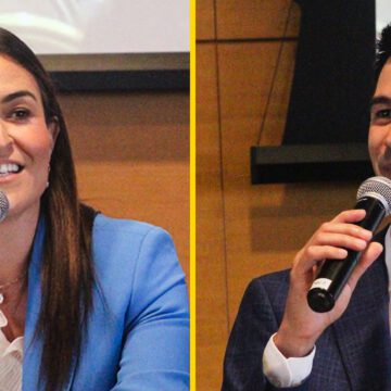 Two City Council candidates in a side-by-side photo sitting in front of microphones at a crowded forum.