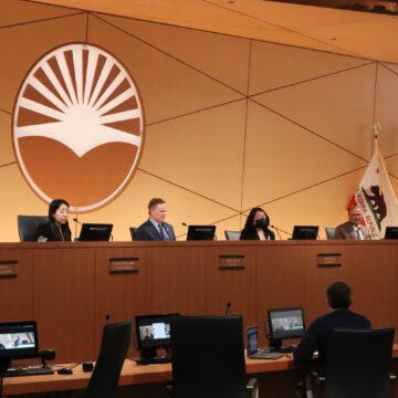 The Sunnyvale City Council up on the dais during a government meeting