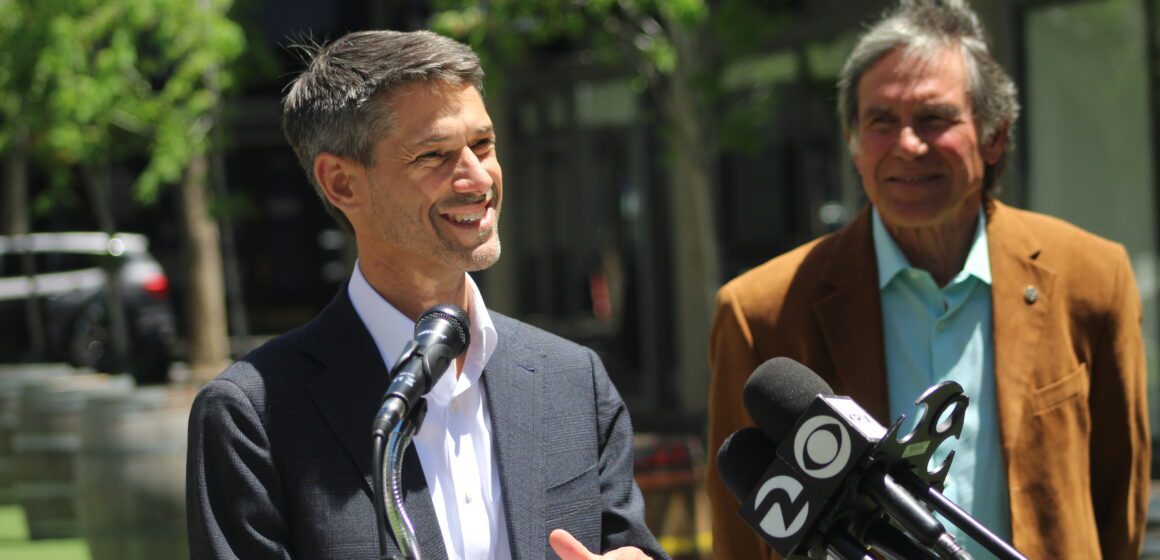 San Jose Mayor Matt Mahan at and Councilmember Carl Salas at Post Street during a bright day on May 20, 2025.