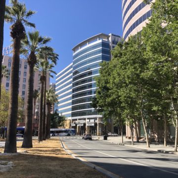 Offices and a vacant street in downtown San Jose