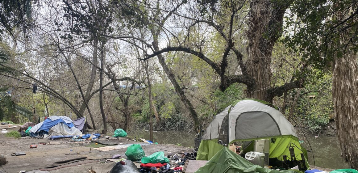 A homeless person's tent and belongings next to a creek
