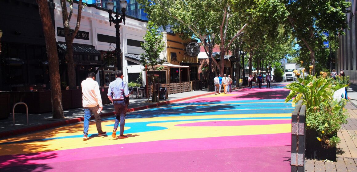 Street in city painted in bright geometric colors