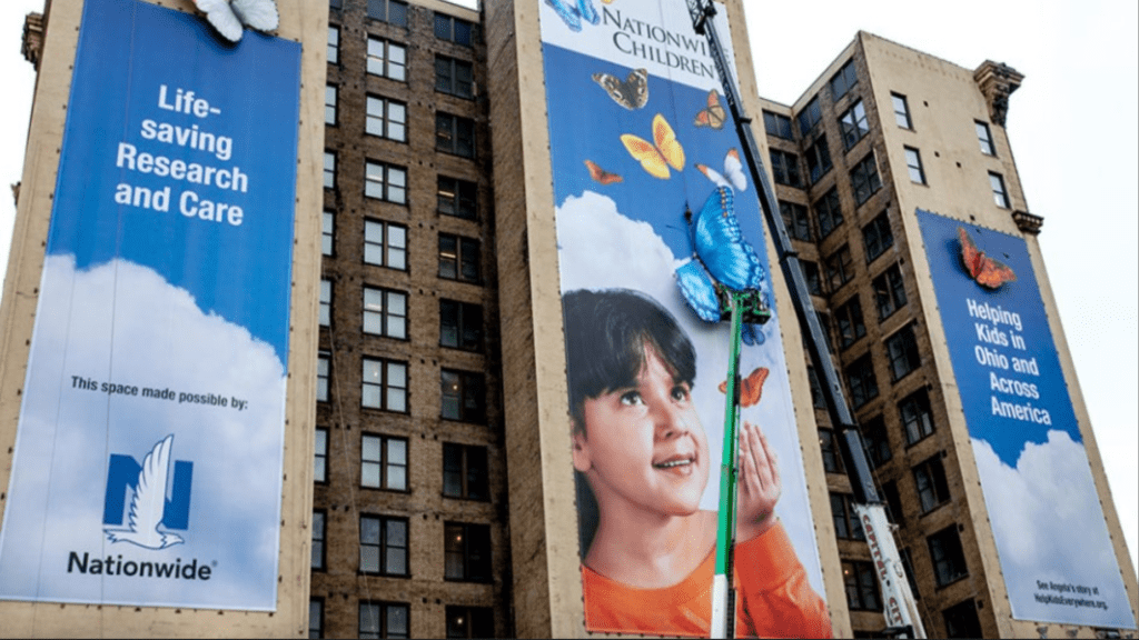 Rendering images of ads plastered on the side buildings in San Jose.