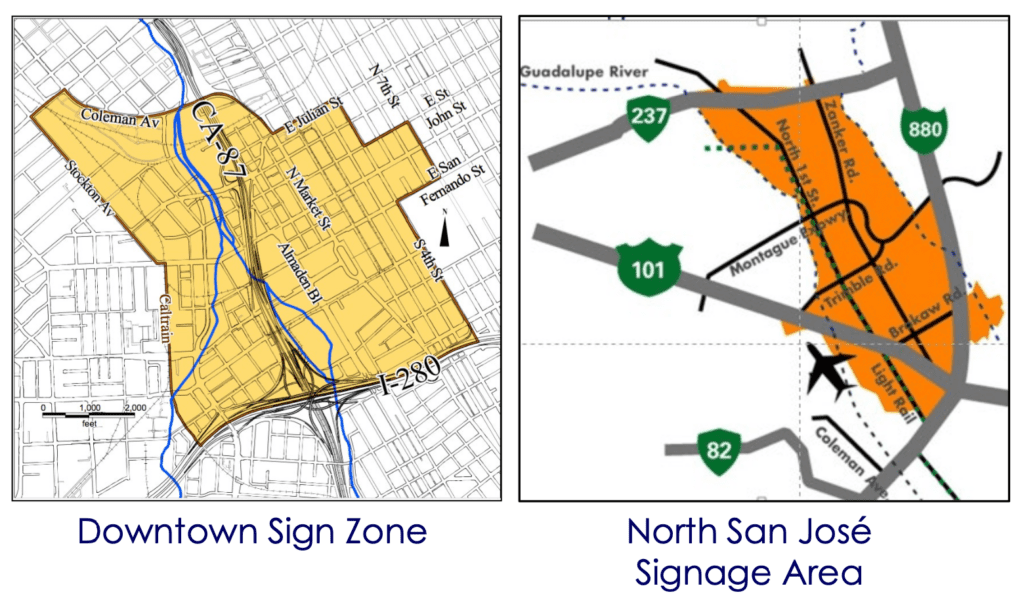 Maps of the locations where "supergraphc" advertisements will be allowed in San Jose.