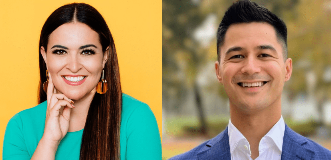 A split image of two local election candidates, with a woman on the left and a man on the right