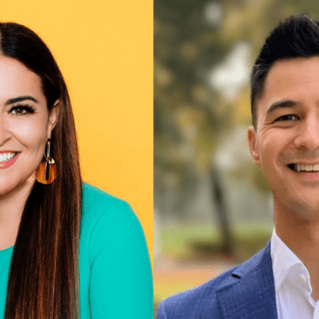 A split image of two local election candidates, with a woman on the left and a man on the right